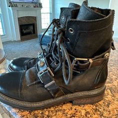 Free People Moto Boot. Black, Size 39. Black Rugged High-top Lace-up Boots, Rugged Black High-top Lace-up Boots, Black Rugged Lace-up Moto Boots, Rugged Black Lace-up Moto Boots, Black Ankle-high Moto Boots With Leather Sole, Black Lace-up Moto Boots With Rubber Sole, Black Leather Moto Boots, Edgy Black Ankle-high Moto Boots, Black Rugged Ankle Moto Boots