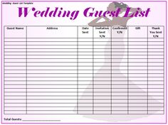 the wedding guest list is shown in purple and white, with a silhouette of a bride