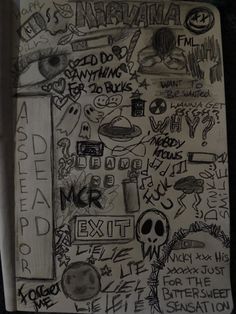 a notebook covered in writing and doodles