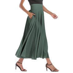 Green High Waisted Swing A-line Maxi Skirt Chic A-line Maxi Skirt With Lining, Chic A-line Lined Maxi Skirt, A-line Pleated Skirt With Pockets, Green A-line Maxi Skirt For Spring, Chic A-line Maxi Skirt In Solid Color, A-line Solid Color Bottoms For Summer, A-line Bottoms In Solid Color For Summer, Green A-line Bottoms For Spring, Flowy A-line Maxi Skirt In Solid Color