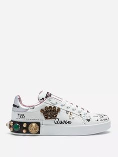 These Dolce & Gabbana Portofino sneakers feature a calfskin upper with printed pattern and detailed embroidery crown patch studded appliqué bejeweled spoiler. The is optimized for ventilation equipped an ultra-cushioned insole lasting comfort. Embroidery Crown, Detailed Embroidery, Leg Work, Card Wallet, Calf Skin, Dolce And Gabbana, Crown, Embroidery, Sneakers