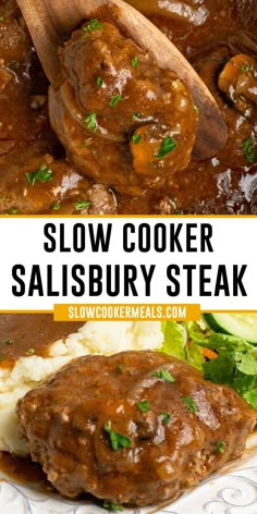 Salisbury steak on a wooden spatula in a slow cooker. Hamburgers And Gravy Crock Pot, Crock Pot Hamburger Steak And Gravy, Crock Pot Hamburger Steak, Ground Beef Crockpot Recipes Slow Cooker, Ground Beef Crockpot Recipes Easy, Crockpot Meals With Ground Beef, Slow Cooker Ground Beef Recipes, Crock Pot Recipes Beef, Crockpot Salisbury Steak