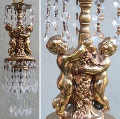 two different views of a gold colored chandelier with crystal beads hanging from it's sides