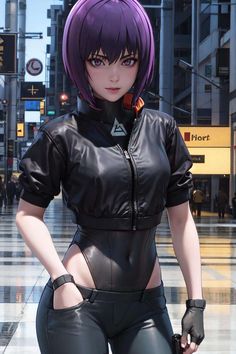 a woman with purple hair is standing in the middle of a street wearing black leather clothes