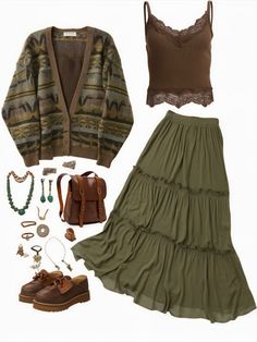 This outfit exudes boho-chic vibes, with its flowy olive maxi skirt, lace-trimmed camisole, and patterned cardigan. A versatile choice for spring outfits for teens, it’s perfect for creative souls who love layering textures and earthy tones. This look is great for outdoor festivals or casual meet-ups. Boho Green Outfit, Frog And Toad Birthday, Toad Birthday Party, Spring Boho Outfits, Spring Outfits For Teens, Boho Outfits Aesthetic, Earthy Boho Outfits, Earthy Tone Outfits, Cottagecore Sewing