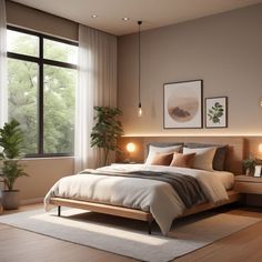 a bedroom with a bed, nightstands and plants in front of large windows on the wall