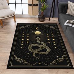 a living room area rug with a snake on it