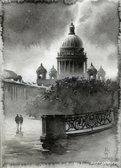 black and white drawing of people walking in front of a building with a dome on top