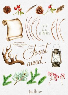 watercolor forest mood clipart set with pine cones, berries and deer antlers