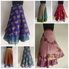 Indian Silk Skirts, Vintage Silk Skirt, Bohemian Skirts, Wrap sari skirts Wholesale Handmade Vintage Indian Silk Maxi Skirt, Bohemian Floral skirt, Hippie Boho skirt, Summer Wrap skirt Double Layer Skirt Upcycled Flamenco Wrap Skirt Indian Silk Long Skirt Women Magic Vintage Beautiful Print Skirts. (Assorted Colors) Beautiful and high quality reversible wrap skirts with two layers gives you two beautiful skirts for the price of one! This skirt is made from Art silk imported from India  This skirt has the unique combination of designs and final touch of thread work on its corners which makes the product look artistically awesome. Tones of fabric that packs down to nothing, so perfect for travelling! Pattern: - Wrap Skirts Premium : -  Art Silk Skirts. Colors : - Assorted colors And design w Bohemian Skirts, Skirt Indian, Silk Skirts, Skirts Wrap, Flowy Skirts, Sari Skirt, Flamenco Skirt, Long Wrap Skirt, Skirts Casual