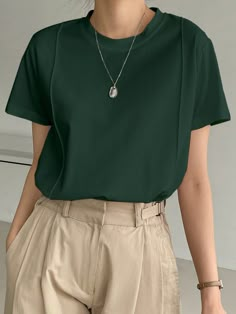 Dark Green Casual Collar Short Sleeve Fabric Plain  Embellished Medium Stretch  Women Tops, Blouses & Tee Green Tshirt Outfit, Blue Tshirt Outfit, Green Shirt Outfits, Green Top Outfit, Dark Green Shirt, Office Fits, Teacher Fits, Navy Blue T Shirt, Casual Outfits For Work