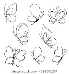 a set of nine hand drawn butterflies on a white background, each with different shapes and sizes