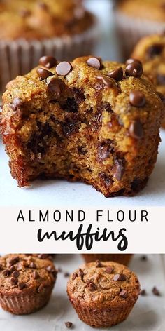 a muffin with chocolate chips on top and the words almond flour muffins above it