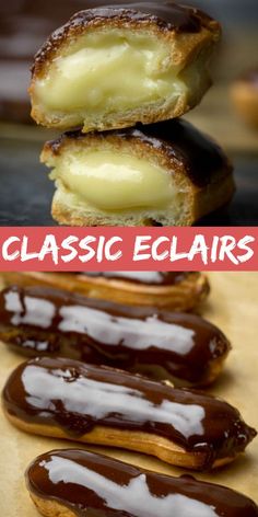 chocolate covered eclairs are stacked on top of each other