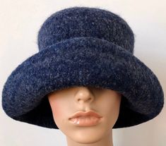 Women's Dark Gray and Blue Felted Hat with Deep Curled Brim, Winter Warm Minimalist Felted Hat Fedora Hat Summer, Stylish Winter Hats, Art Deco Hats, Wool Cloche Hat, Shades Of Dark Blue, Felted Hat, Felt Yarn, Cloche Hats, Funky Hats