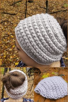 the messy bun beanie is knitted in white yarn