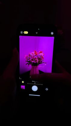 a person holding up a cell phone to take a photo with flowers on the screen