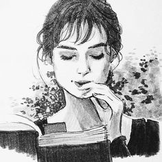 a drawing of a woman reading a book with her hand on her chin and eyes closed