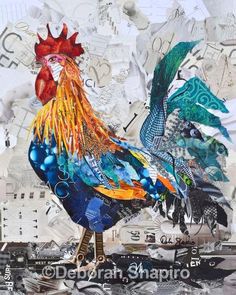 a colorful rooster standing on top of a pile of paper with words all over it