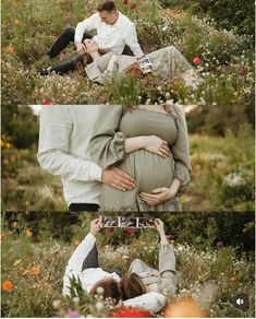 a pregnant woman laying in the grass while her husband holds her belly up to her chest