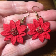 Poinsettia Pendants On 18k Gold Plated Hooks. Poinsettias Feature A Cluster Of Rhinestones At The Center Of Each. Diameter: 1 3/16 Poinsettia Earrings, Earrings Color, Poinsettia, Red Gold, Lady In Red, 18k Gold, Gold Plate, Jewelry Earrings, Plating