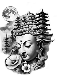 a buddha statue with flowers in front of it and a full moon above the head