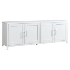 a white cabinet with three doors and two drawers on one side, in front of a white background