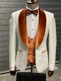 Bojoni Camden Orange & White Slim Fit Velvet Shawl Lapel Wool Tuxedo | BOJONI Tuxedo Colors, Velvet Shawl, Pants Gift, Slim Fit Tuxedo, Plaid Suit, Tuxedo Suit, Tuxedo For Men, Tuxedo Jacket, Suit Vest