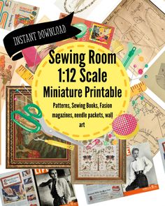 sewing room 11 - 12 scale miniatureture printable patterns, sewing books, fashion magazines, needle packets, wall art