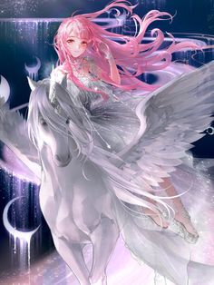 a girl with pink hair riding on the back of a white horse in front of stars