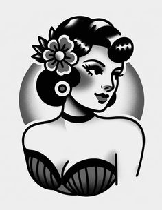 a black and white drawing of a woman with flowers in her hair