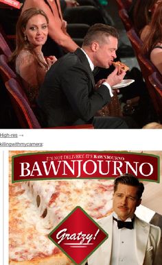 a movie poster with people eating pizza and drinking wine in front of the camera man