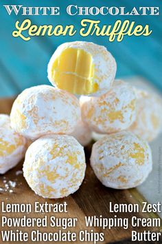 lemon truffles on a wooden cutting board with white chocolate chips in the background