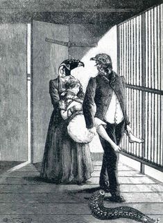 an old drawing of a man and woman in jail with a snake on the ground