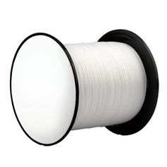 a spool of white pla on a black and white hook - up reel