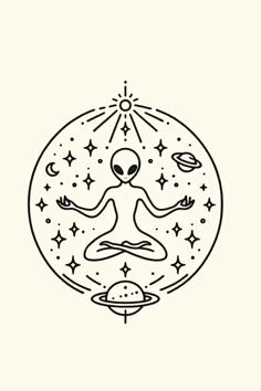 an alien sitting in the middle of a circle with stars and planets around it, surrounded by