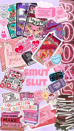 a collage of various stickers and decals on a purple background with pink lettering