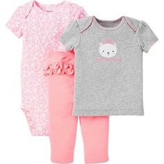 This three-piece set from Child of Mine by Carter's is a wardrobe essential for any little one. The coordinating top and bodysuit paired with matching pants makes two great outfits for one great price! With fun colors and prints, your little one with be stylish and comfortable and is perfect for gifting!  * 3-pc. Baby Girl Set includes: one short sleeve T-shirt, one bodysuit, and one pull-on pants      * Easy change outfit   * Available in adorable prints and fun colors  * Makes a great baby shower gift  * Available for babies ages 0-6months  * Mix and match with Child of Mine bodysuits and pants  * 100% Cotton  * Machine washable  * Imported Department: Baby Girl Sleeve Length: Short Sleeve Brand: Carter's Style: Bodysuit Gender: Girls Type: Outfit/Set Fitted Short Sleeve Bodysuit For Playwear, Fitted Short Sleeve Onesie For Playwear, Playful Cotton Bottoms In Matching Set, Casual Fitted Short Sleeve Bodysuit For Playtime, Basic Fitted Onesie For Spring, Fitted Short Sleeve Onesie For Spring, Fitted Short-sleeved Onesie For Spring, Spring Cotton Onesie With Short Sleeve, Short Sleeve Cotton Onesie For Spring