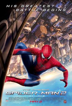 the amazing spider - man 2 movie poster with an action hero in mid air and cityscape