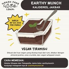 an advertisement for vegan tammusu with chocolate pudding and green leaves on top