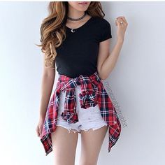 Find More at => http://feedproxy.google.com/~r/amazingoutfits/~3/SfO5whlLugs/AmazingOutfits.page Alice Clothes, Teenage Outfits, Flannel Outfits, Tween Outfits, Teenager Outfits, Cute Summer Outfits, White Wall, Mode Inspiration