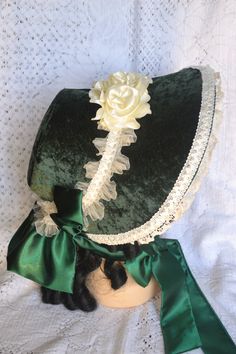 Victorian Bonnet, Satin Colors, Historical Hats, Dark Green Velvet, Bonnet Pattern, Victorian Hats, Victorian Costume, Dress Hat