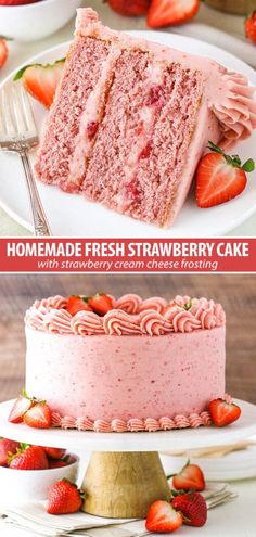 two pictures with different types of cake and strawberries on the top one has strawberry frosting