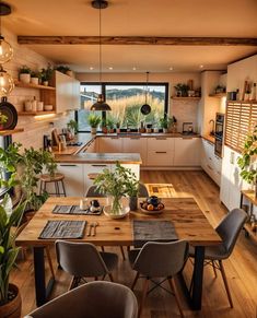 a kitchen filled with lots of wooden furniture and plants on top of it's counters