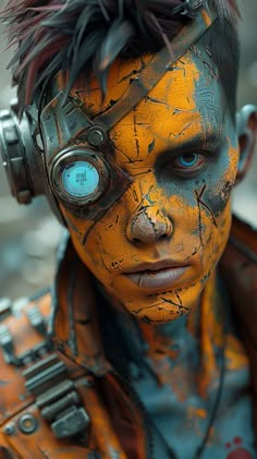 a close up of a person with headphones on and orange paint all over his face