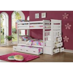 a white bunk bed with drawers underneath it in a room that has pink walls and hardwood floors