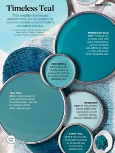 some blue and white paint colors with the words,'teal'on them