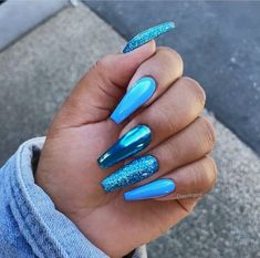 Blue Glitter Nails, Blue Acrylic Nails, Green Nail, Her Nails, Blue Nail, Ballerina Nails, Summer Acrylic Nails, Unique Nails, Coffin Nails Designs