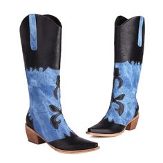 Shop Women's Black Denim and PU Patchwork Cowboy Boots Pointed Toe Block Heel Boots color Black for Hanging out, Music Festival, Party with worldwide Free shipping & Free return. Cowboy Boots And Jeans, Mid Calf Cowboy Boots, Denim Cowboy Boots, Two Tone Boots, Heel Cowboy Boots, Music Festival Party, Silver Kitten Heels, Navy Blue Wedding Shoes, Royal Blue Wedding Shoes