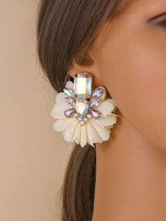 Rhinestone Earrings Outfit, Textile Earrings, Dramatic Earrings, Inexpensive Jewelry, Embellished Fashion, Anthropologie Jewelry, Cream Flowers, Rhinestone Decor, Party Earrings